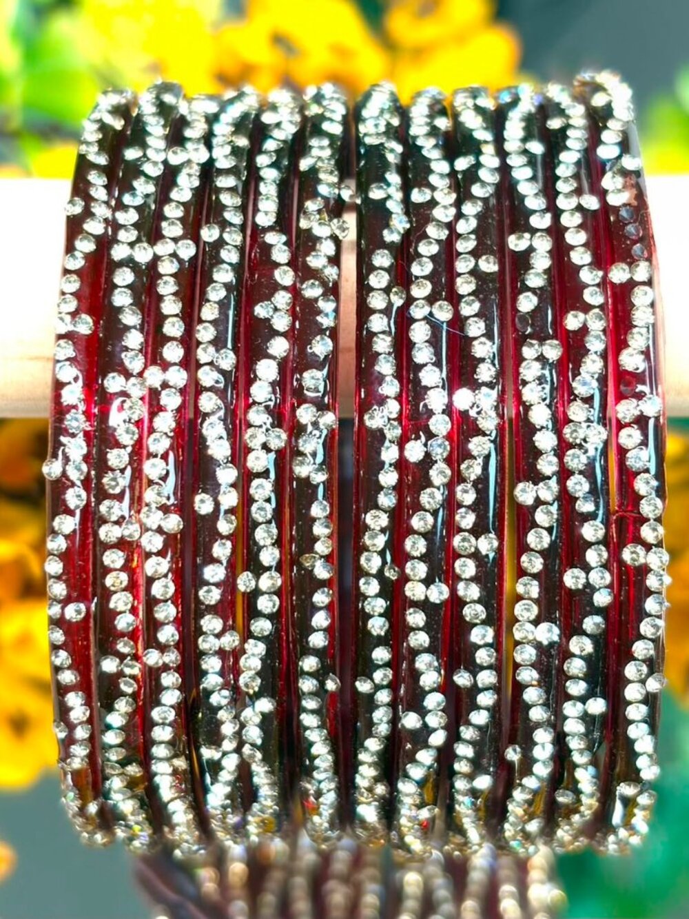 12PC Maroon Rhinestone Resin Bangle Bracelets Stackable Sparkle Set